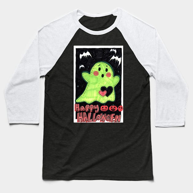 Happy Halloween Cute Green Ghost Doll Baseball T-Shirt by saradaboru